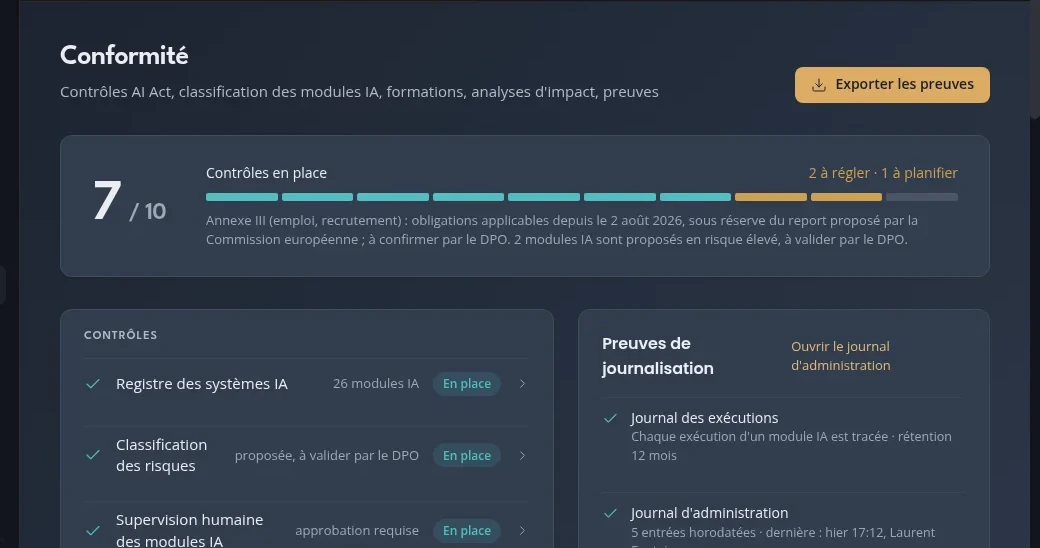 Compliance screen: checks in place, AI system register, risk classification and exportable evidence logs