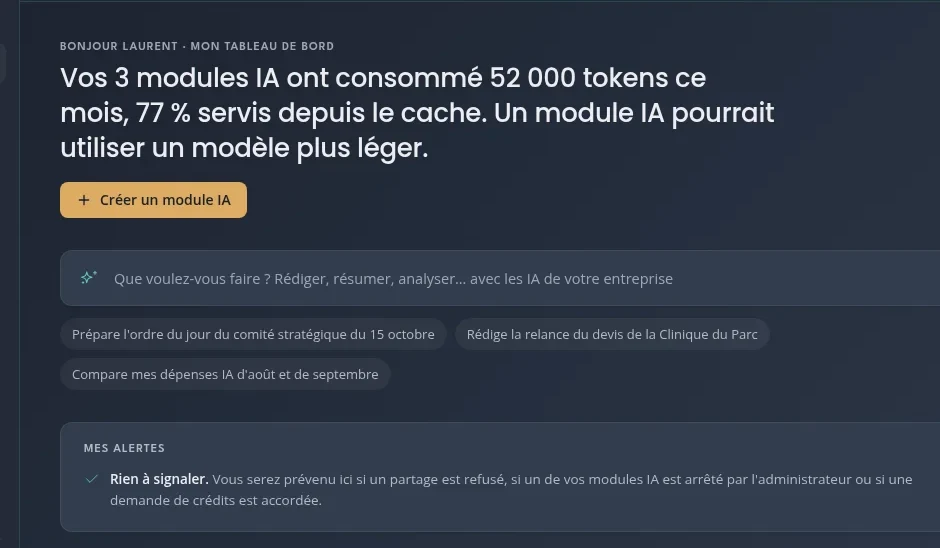Tableau de bord personnel dans Ascenzia Studio : modules IA de l'utilisateur, assistant et bouton de création d'un module IA